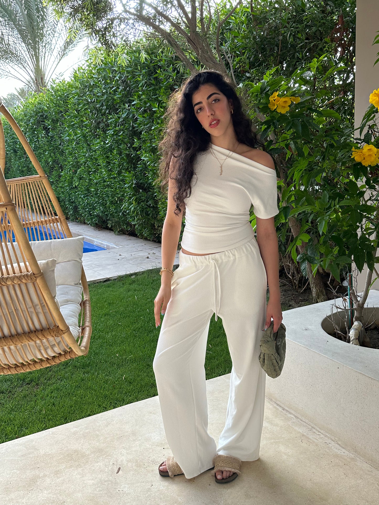 Ribbed Pants with Elastic Waistband in White